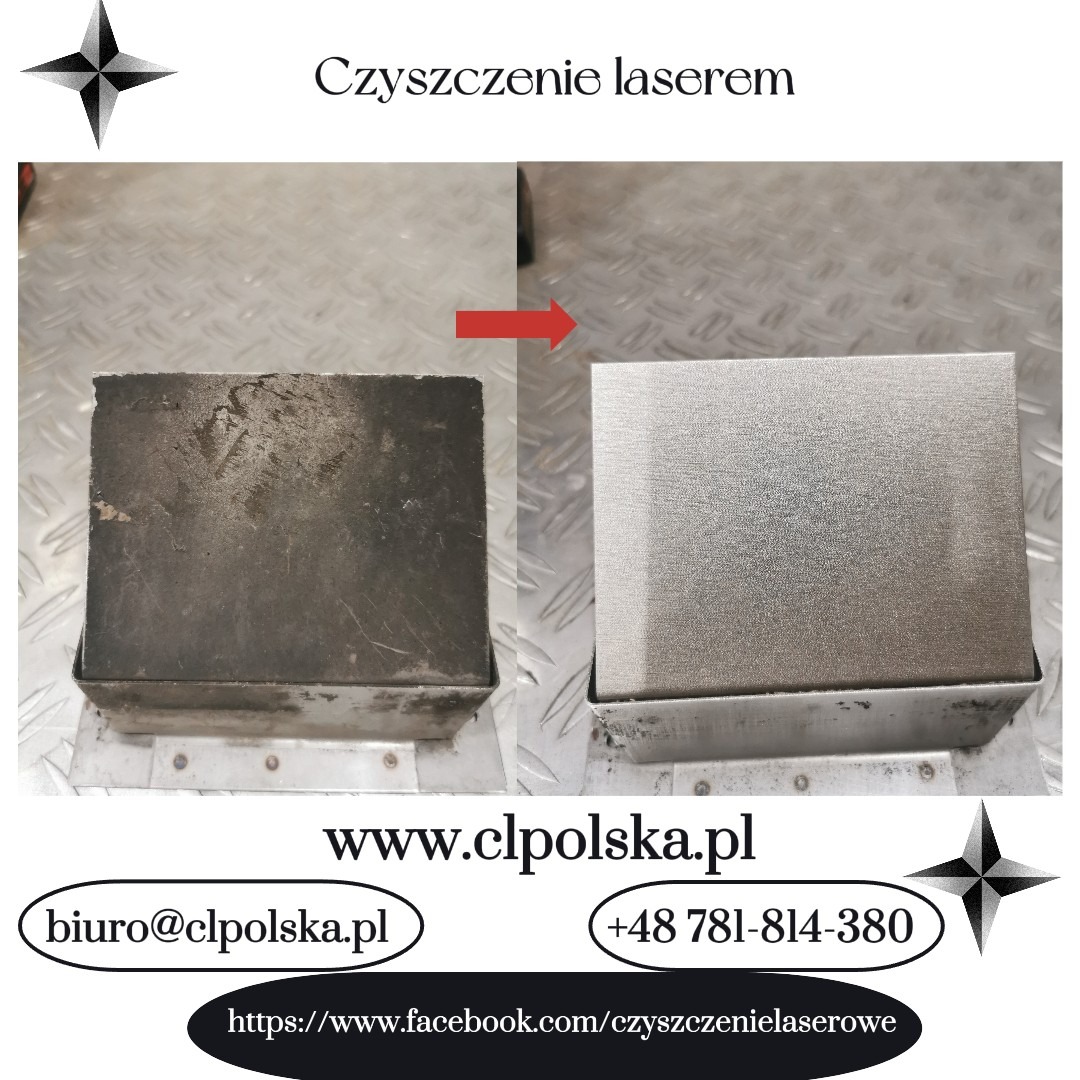 Metalowy element w procesie czyszczenia laserowego: po lewej stronie silnie zabrudzony, po prawej wyczyszczony, z widoczną strukturą metalu.