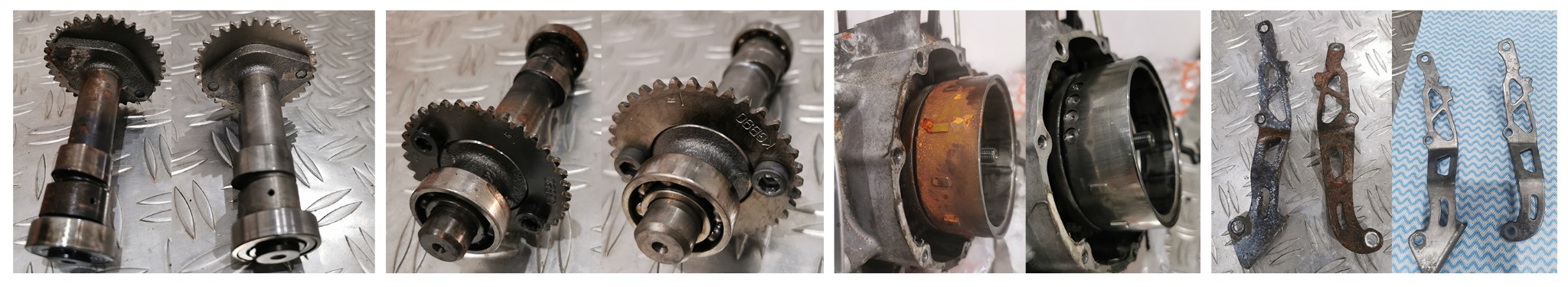 Różne metalowe elementy silnika motocyklowego, w tym wałki rozrządu z zębatkami, obudowa i uchwyty, przed i po czyszczeniu, widoczne ślady zużycia i rdzy.