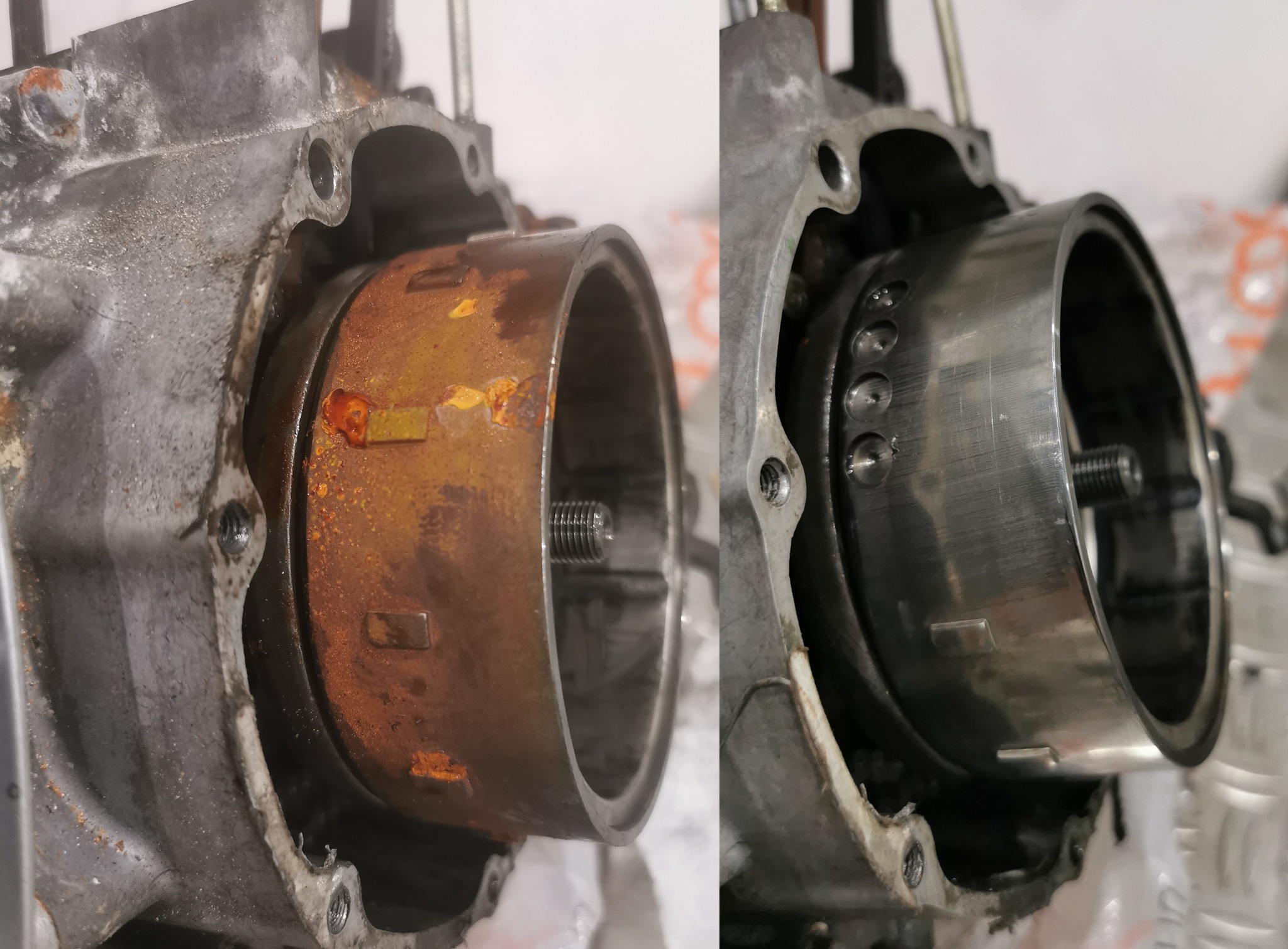 Porównanie stanu elementu silnika motocykla przed i po czyszczeniu, widoczne ślady korozji usunięte.