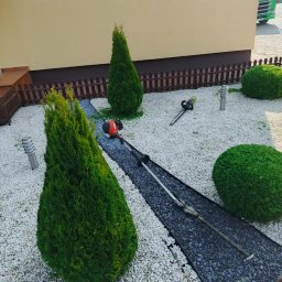 ROMANI GREEN GARDEN ROMAN ROHOVTSOV - Widok z góry na ogród z ozdobnymi krzewami i ścieżką z kamyków, na której leżą narzędzia do formowania roślin, w tle ściana budynku i fragment ciężarówki.