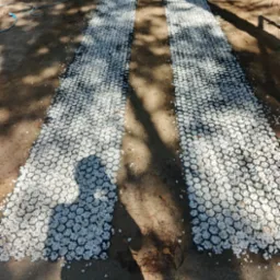 Dwie ścieżki z białego żwiru w czarnej siatce ułożone na piaszczystym podłożu w ogrodzie, z widocznymi cieniami drzew.