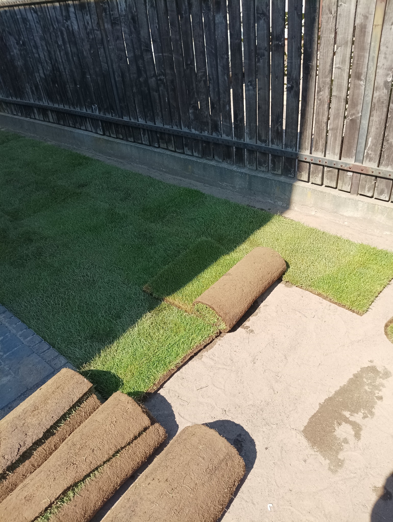 Rozwinięta i nierozwinięta trawa w rolkach na betonowej powierzchni, widoczne ciemne drewniane ogrodzenie w tle.