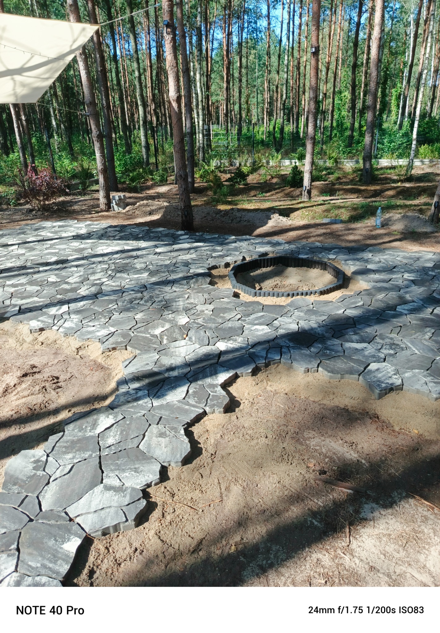 Układanie nieregularnej kamiennej nawierzchni wokół miejsca na ognisko, piasek między kamieniami, wysokie drzewa w tle.