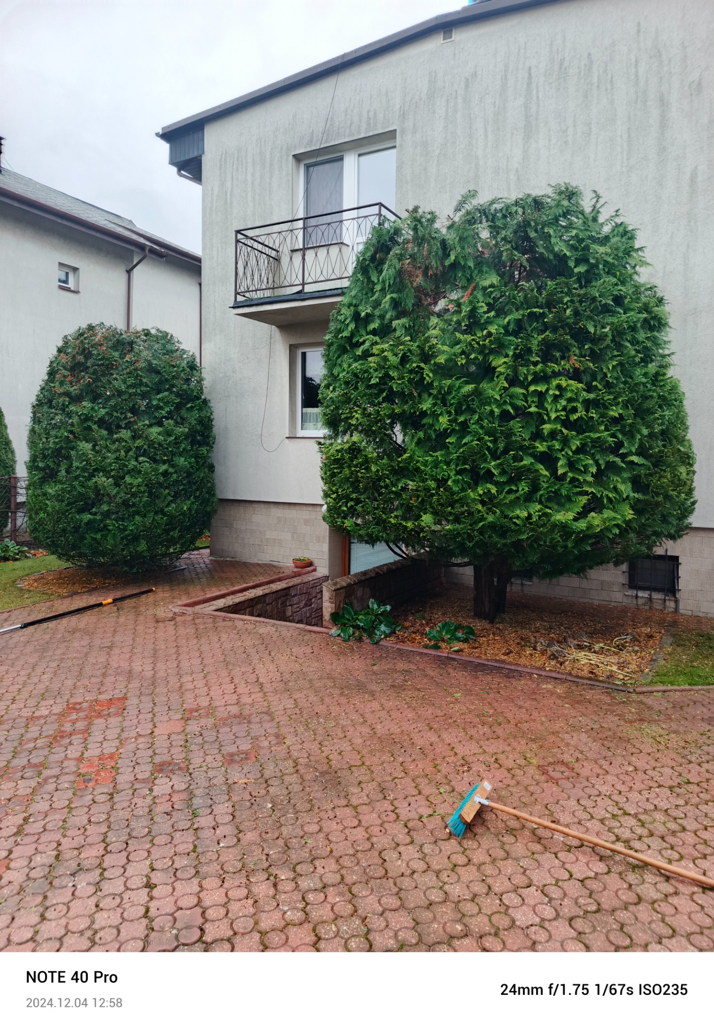 Dwie formowane tuje przed budynkiem mieszkalnym, na pierwszym planie czerwona kostka brukowa i leżąca szczotka do zamiatania.