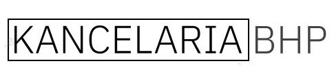 Logo firmy: 'Kancelaria BHP', gdzie słowo 'Kancelaria' jest w czarnej obwódce, a 'BHP' jest szare.