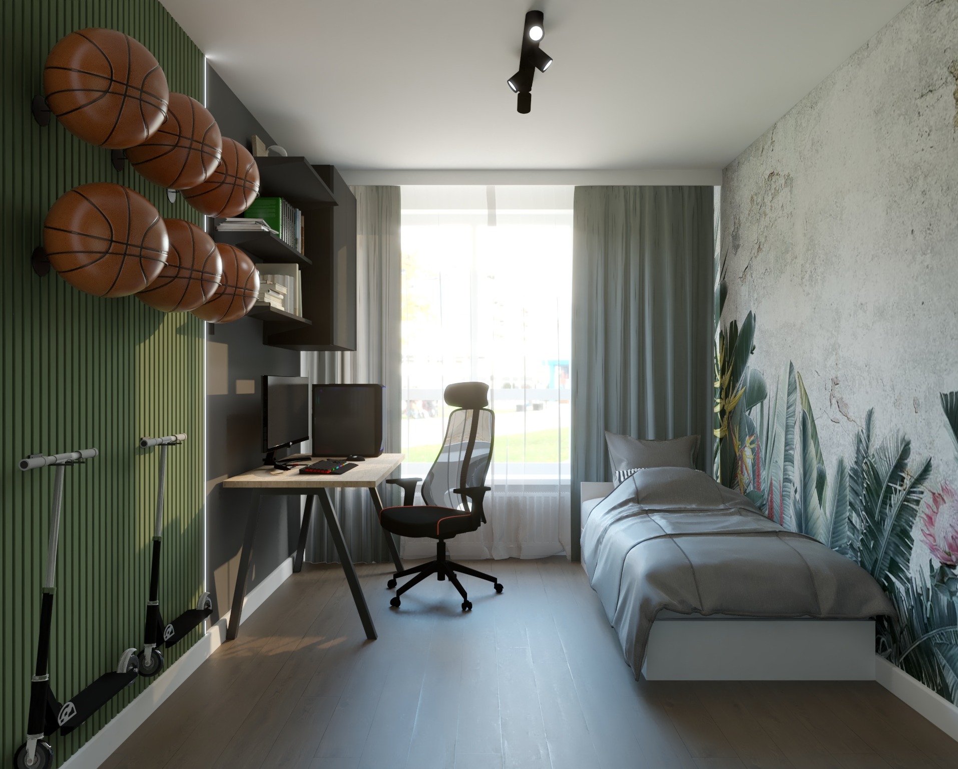 Pokój młodzieżowy z biurkiem gamingowym, łóżkiem i dekoracjami: kosze do koszykówki na ścianie, hulajnogi, fototapeta z motywem roślinnym.