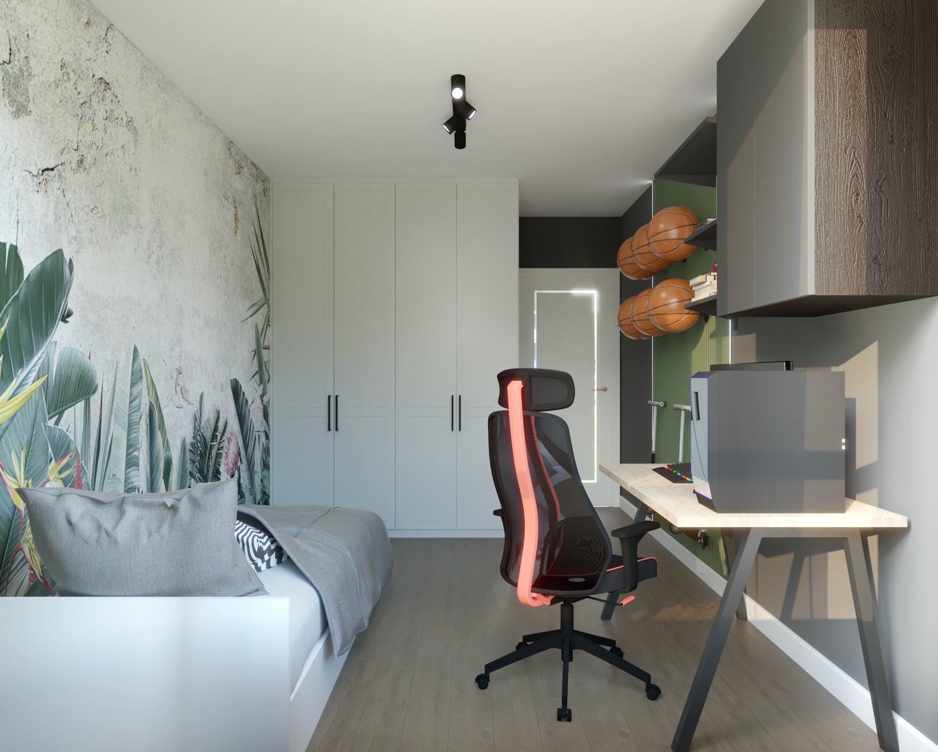 Pokój młodzieżowy z łóżkiem, biurkiem z komputerem i krzesłem gamingowym; na ścianie fototapeta z motywem roślinnym, obok biała szafa wnękowa, na półce kosze do koszykówki.