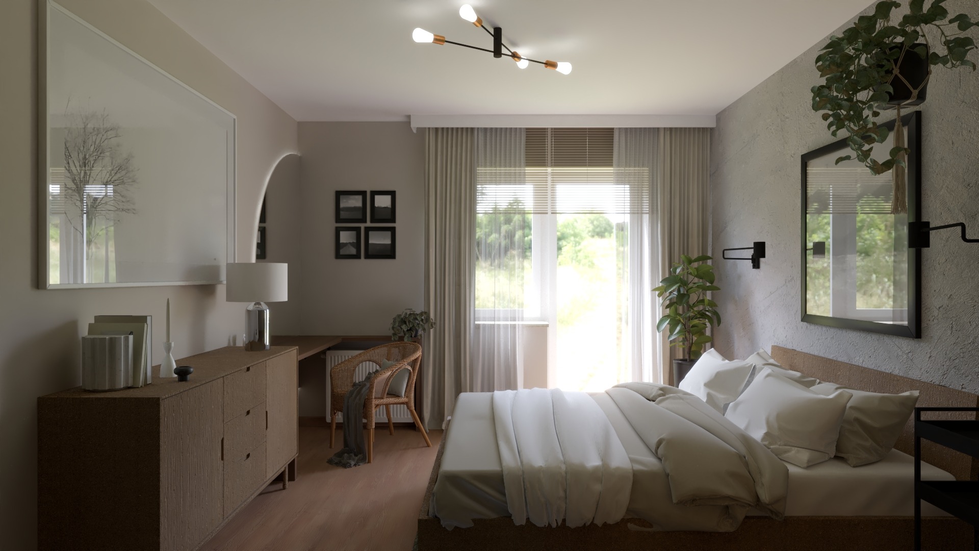 Jasna sypialnia z łóżkiem, biurkiem z wiklinowym krzesłem i komodą z lampą, minimalistyczny wystrój z roślinami i obrazami.