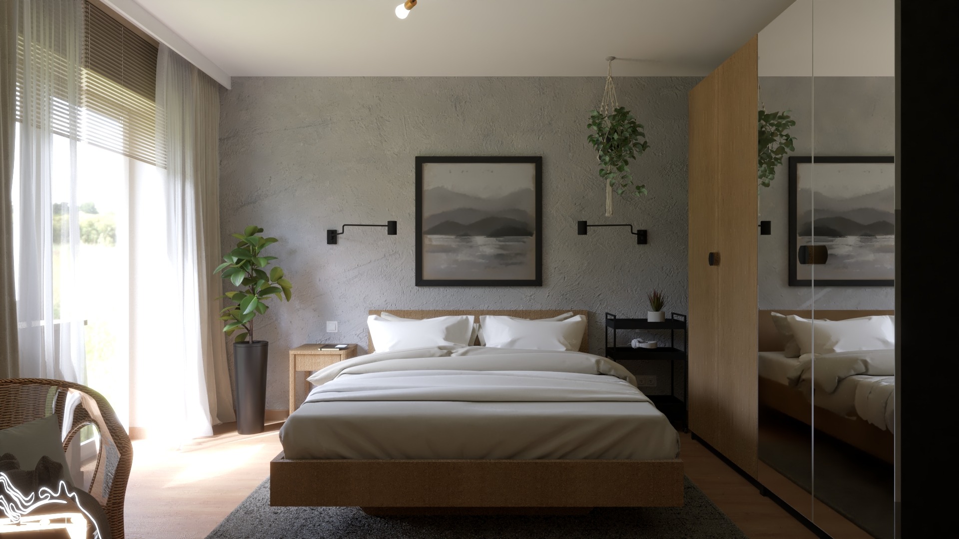 Minimalistyczna sypialnia z łóżkiem na niskiej platformie, szarą ścianą z fakturą, wiszącą rośliną i lustrzaną szafą, oświetlona światłem dziennym wpadającym przez okno z żaluzjami.