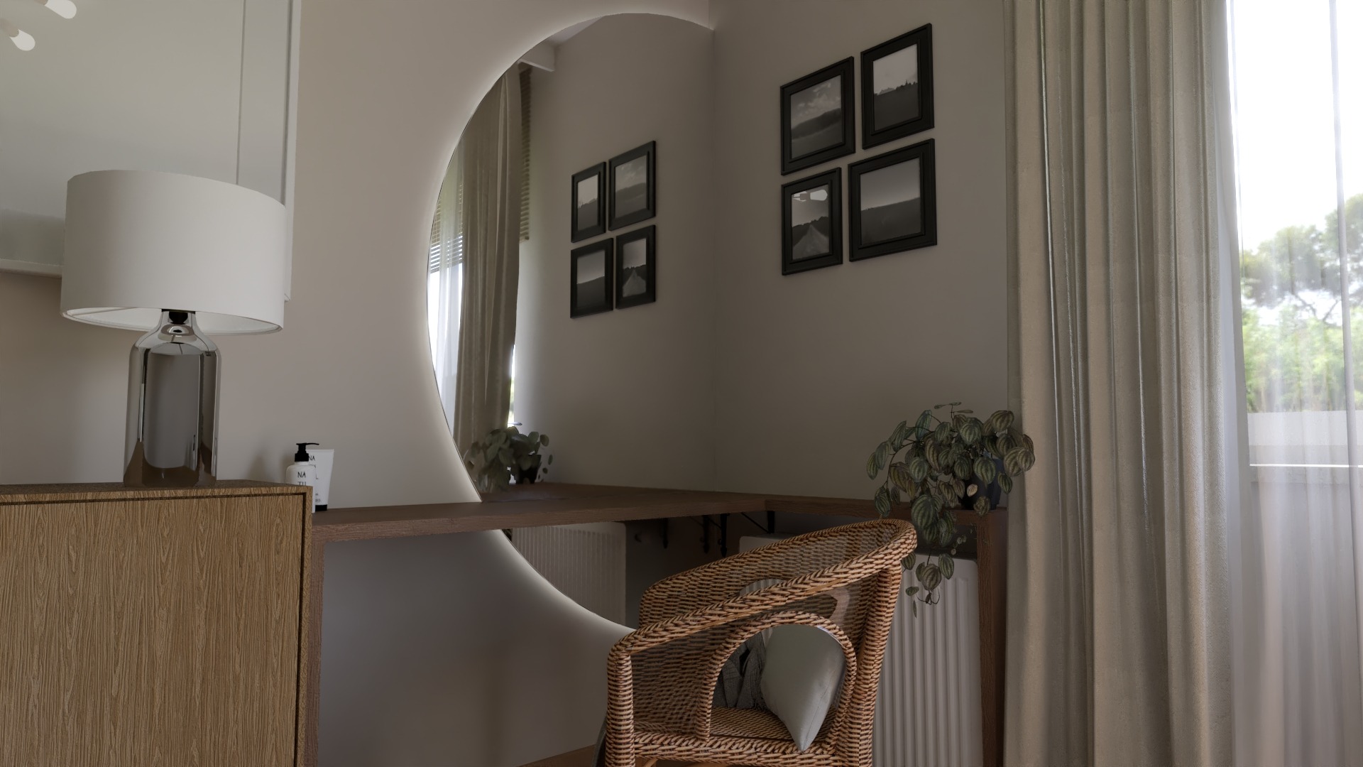 Toaletka z okrągłym lustrem podświetlanym LED, rattanowe krzesło z poduszką, galeria czarno-białych zdjęć na ścianie, widok na zewnątrz przez okno z zasłonami.