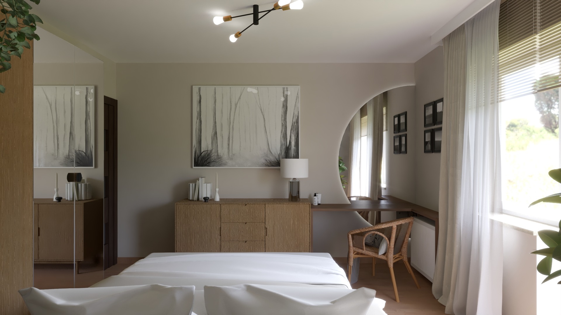 Jasna sypialnia w stylu minimalistycznym z drewnianymi meblami, białym łóżkiem, okrągłym lustrem i nowoczesną lampą sufitową.