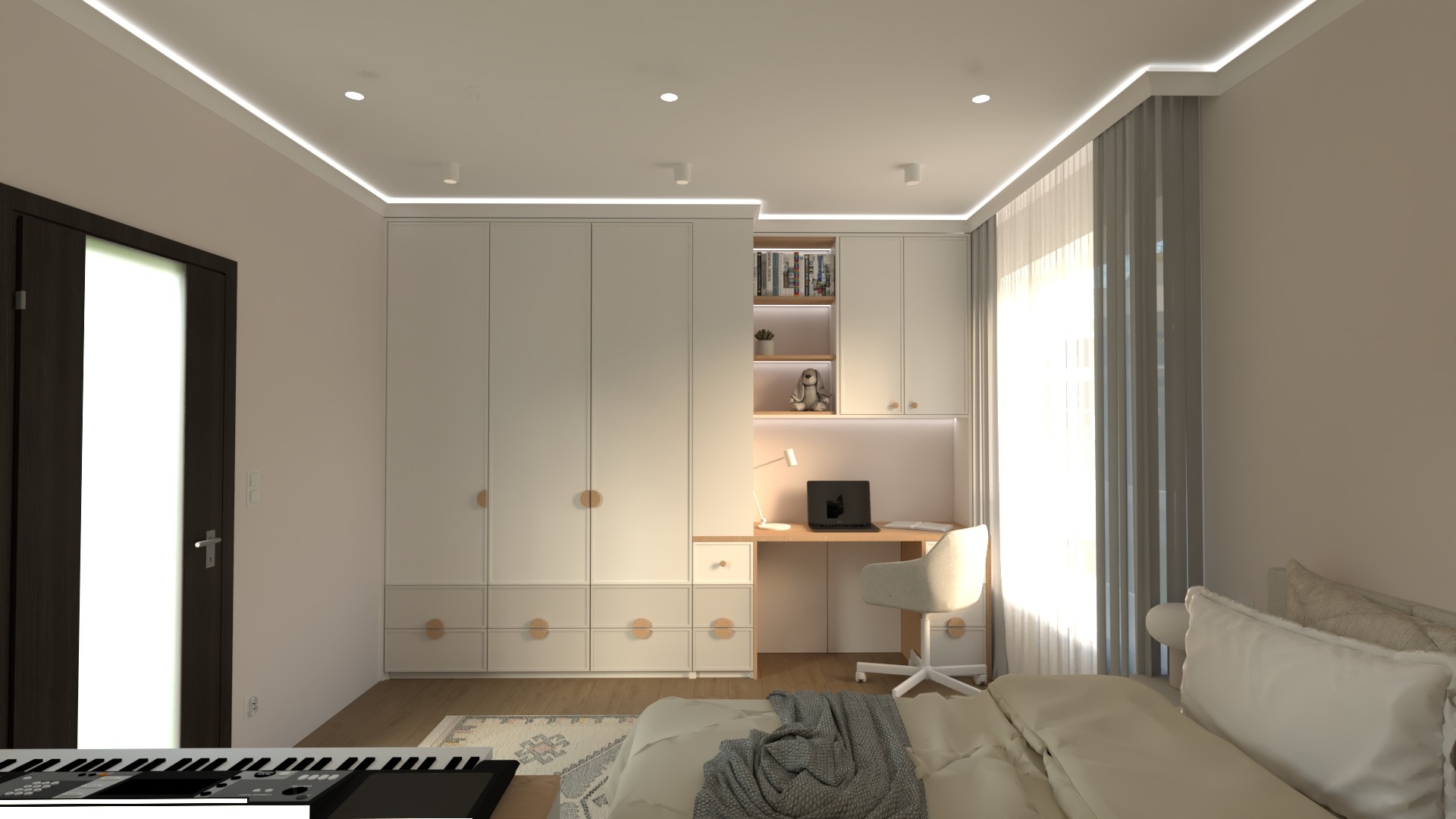 Wizualizacja pokoju z jasnymi meblami, biurkiem z laptopem, oświetleniem LED podsufitowym i pianinem w rogu.