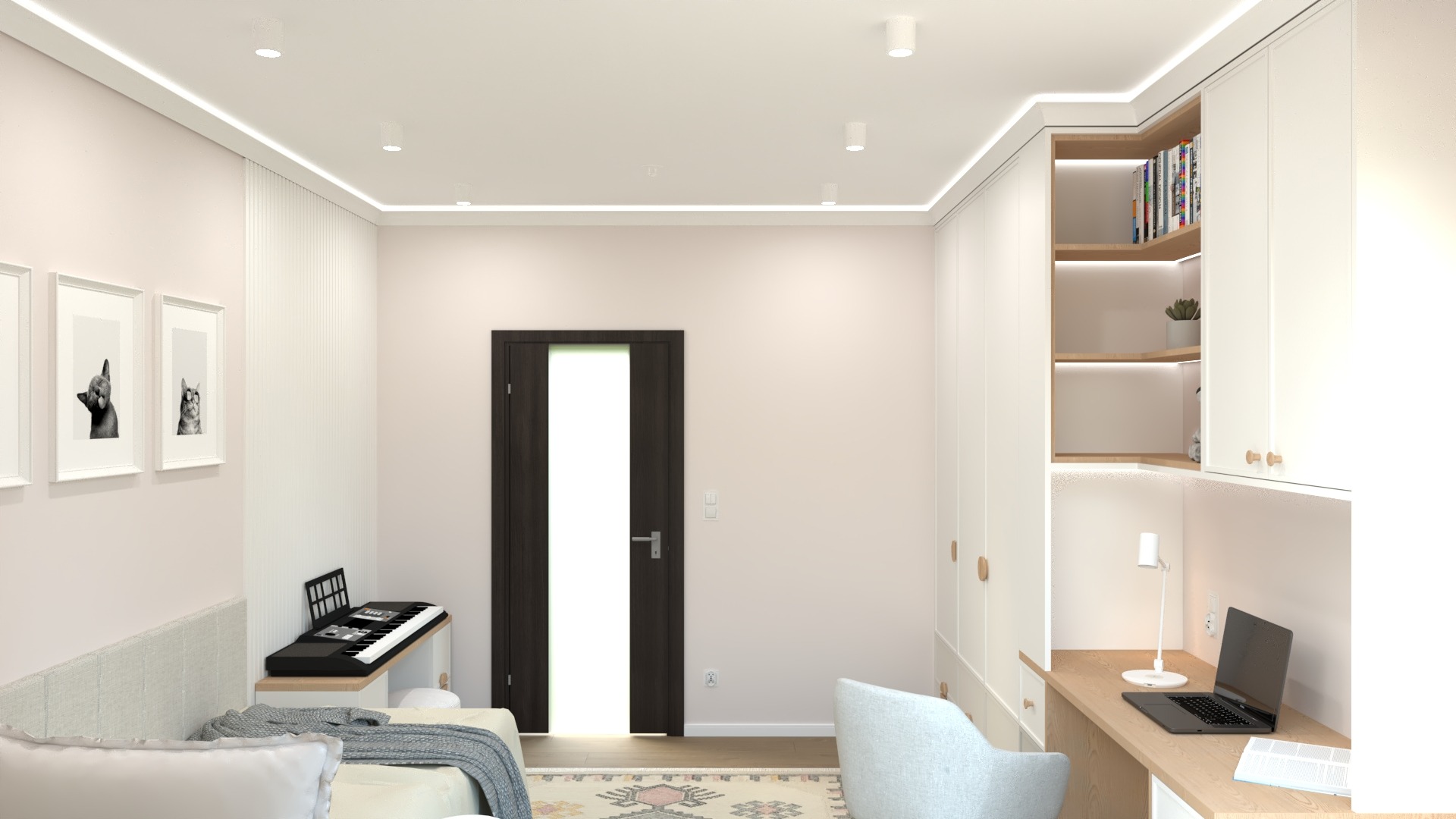 Jasny pokój młodzieżowy z biurkiem, szafą w zabudowie, pianinem, łóżkiem i dekoracjami ściennymi z motywem zwierząt w ramach.