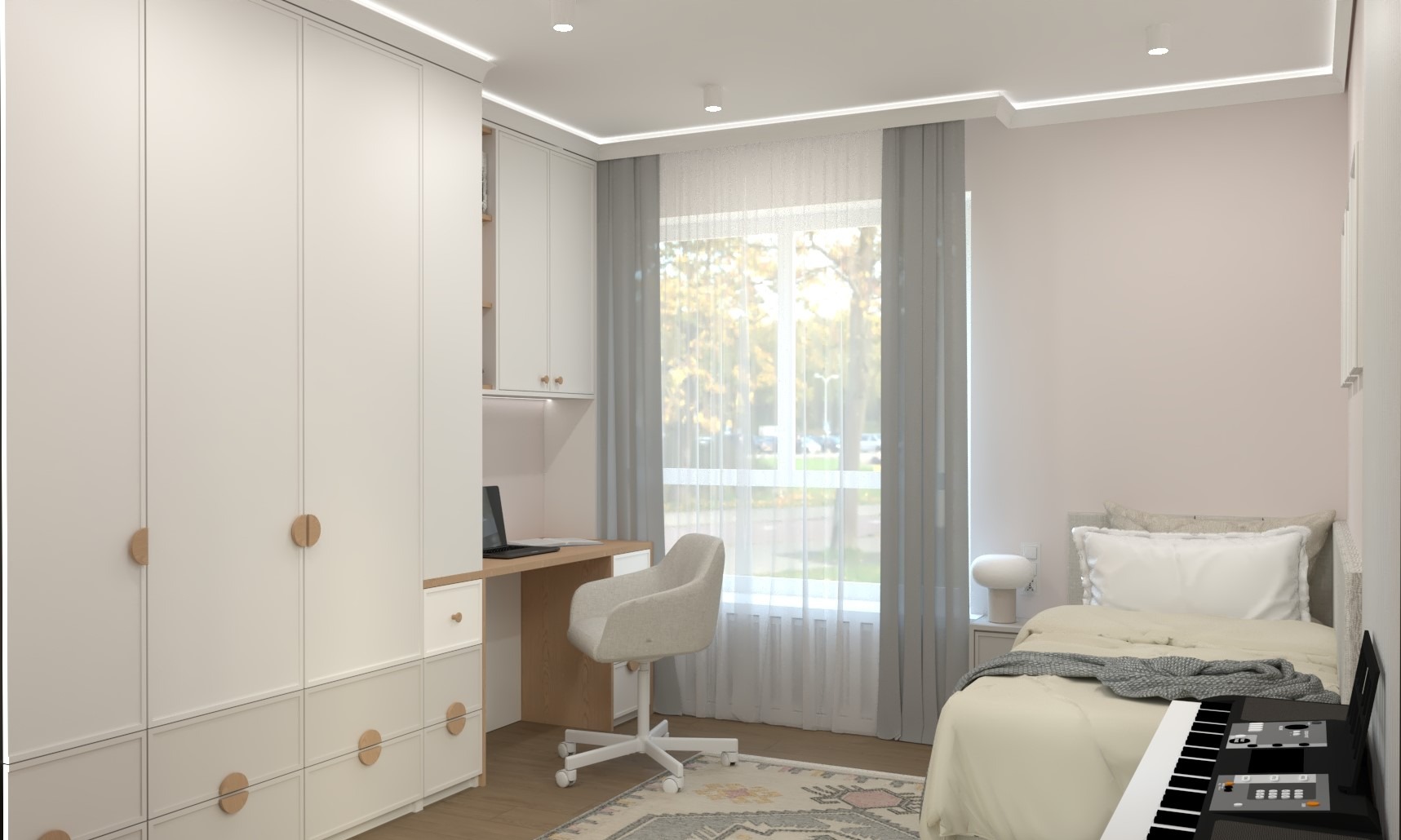 Pokój młodzieżowy z biurkiem, szafą w zabudowie i łóżkiem, w neutralnej kolorystyce, z elementami drewna i pianinem cyfrowym w rogu.