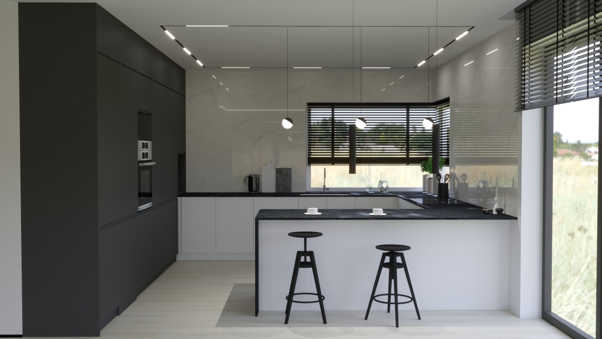 Nowoczesna kuchnia z czarnymi akcentami: wysoka zabudowa, wyspa z hokerami, marmurowe ściany, okno z żaluzjami i widokiem na wydmy.