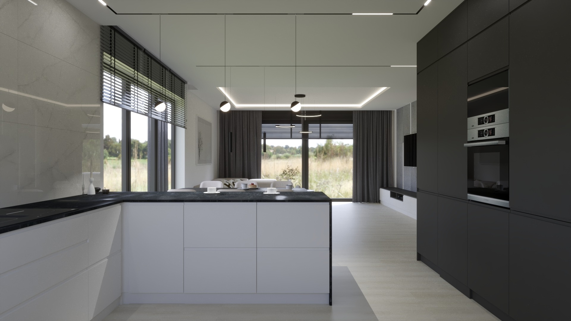 Nowoczesna kuchnia z wyspą i widokiem na zewnątrz, minimalistyczne oświetlenie, czarne szafki i blat, duże okna z żaluzjami, salon w tle.