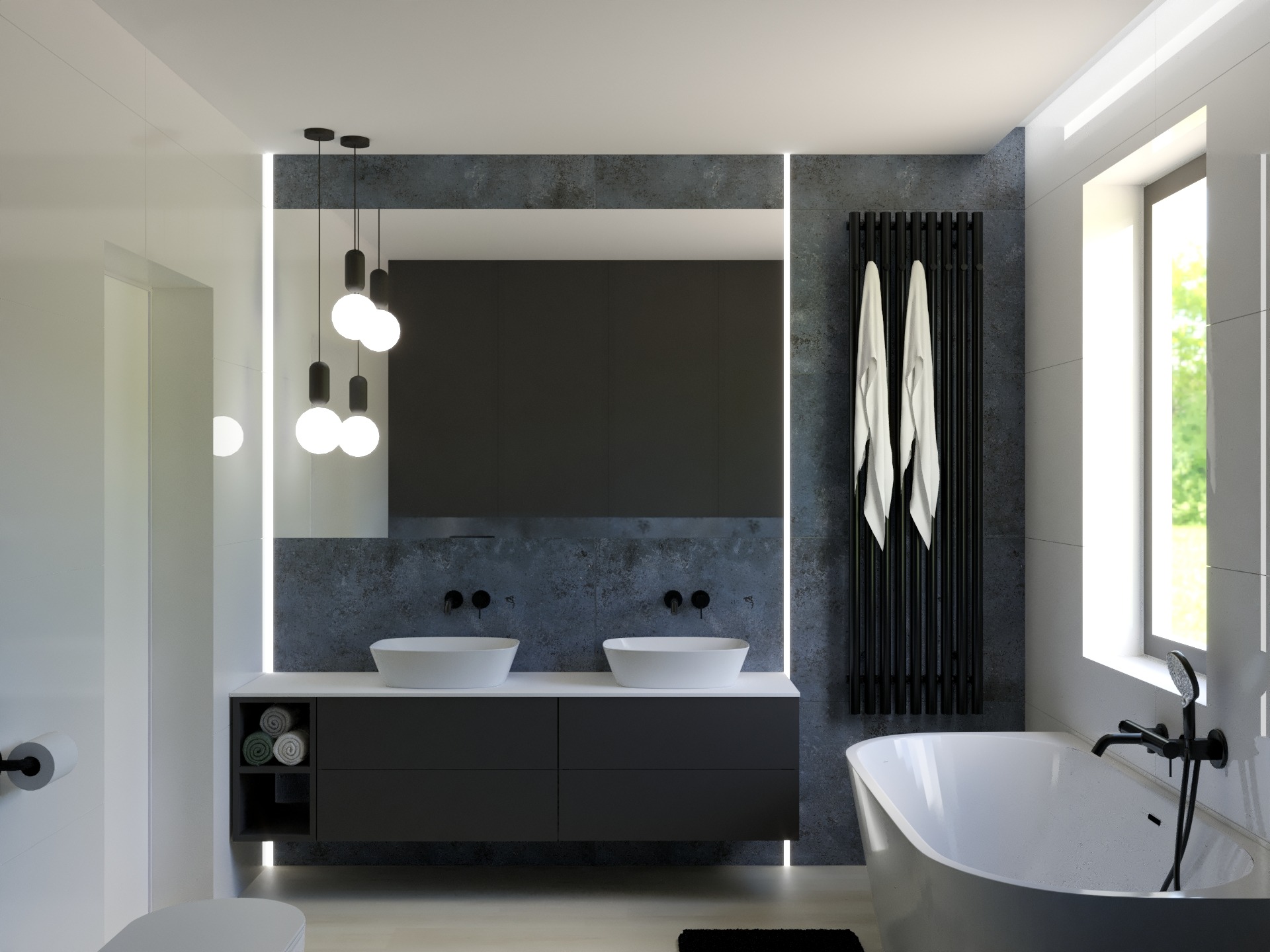 Nowoczesna łazienka w szaro-białej tonacji z podwójną umywalką nablatową, czarną armaturą, grzejnikiem drabinkowym i oświetleniem LED.