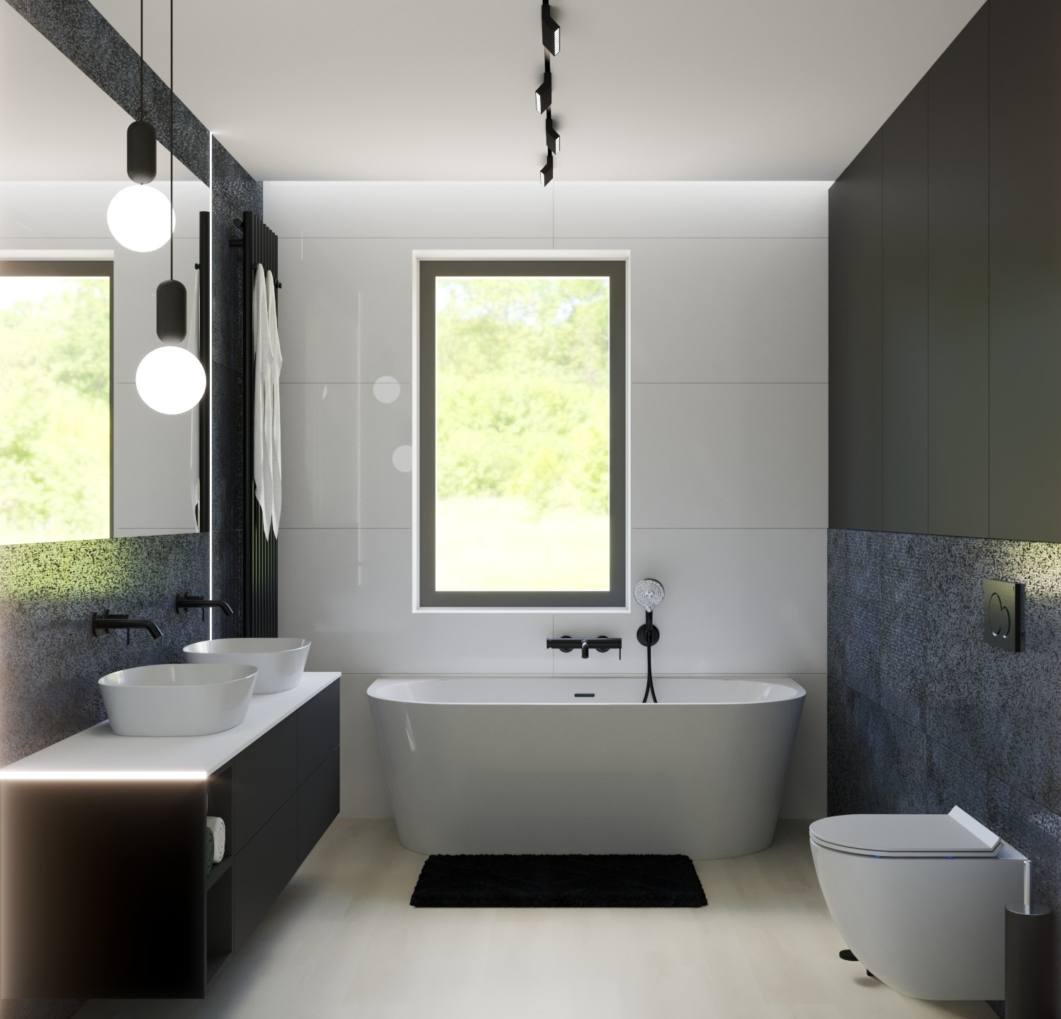 Nowoczesna łazienka z wolnostojącą białą wanną, dwiema umywalkami nablatowymi i czarnymi akcentami, takimi jak armatura i oświetlenie szynowe. Widok na zieleń przez okno.
