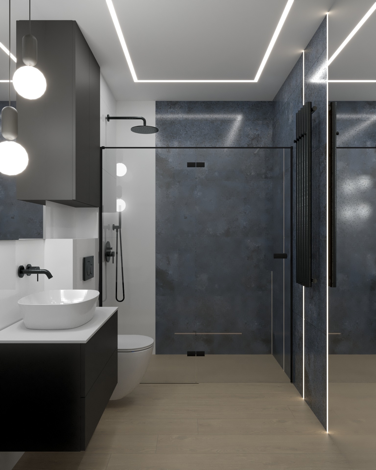 Nowoczesna łazienka w Pułtusku z kabiną prysznicową typu walk-in, umywalką nablatową na czarnej szafce, podświetleniem LED w suficie i pionowymi paskami świetlnymi na ścianie z ciemnoszarym...