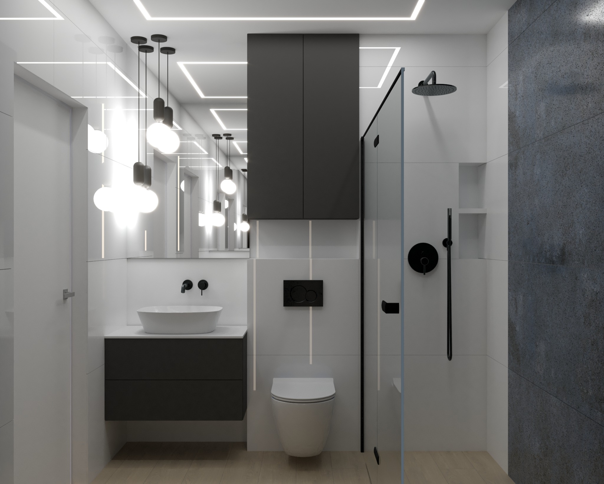 Nowoczesna łazienka w minimalistycznym stylu: białe płytki, szara ściana, czarna armatura, podwieszana toaleta i umywalka na szafce, oświetlenie LED w suficie i wiszące lampy.