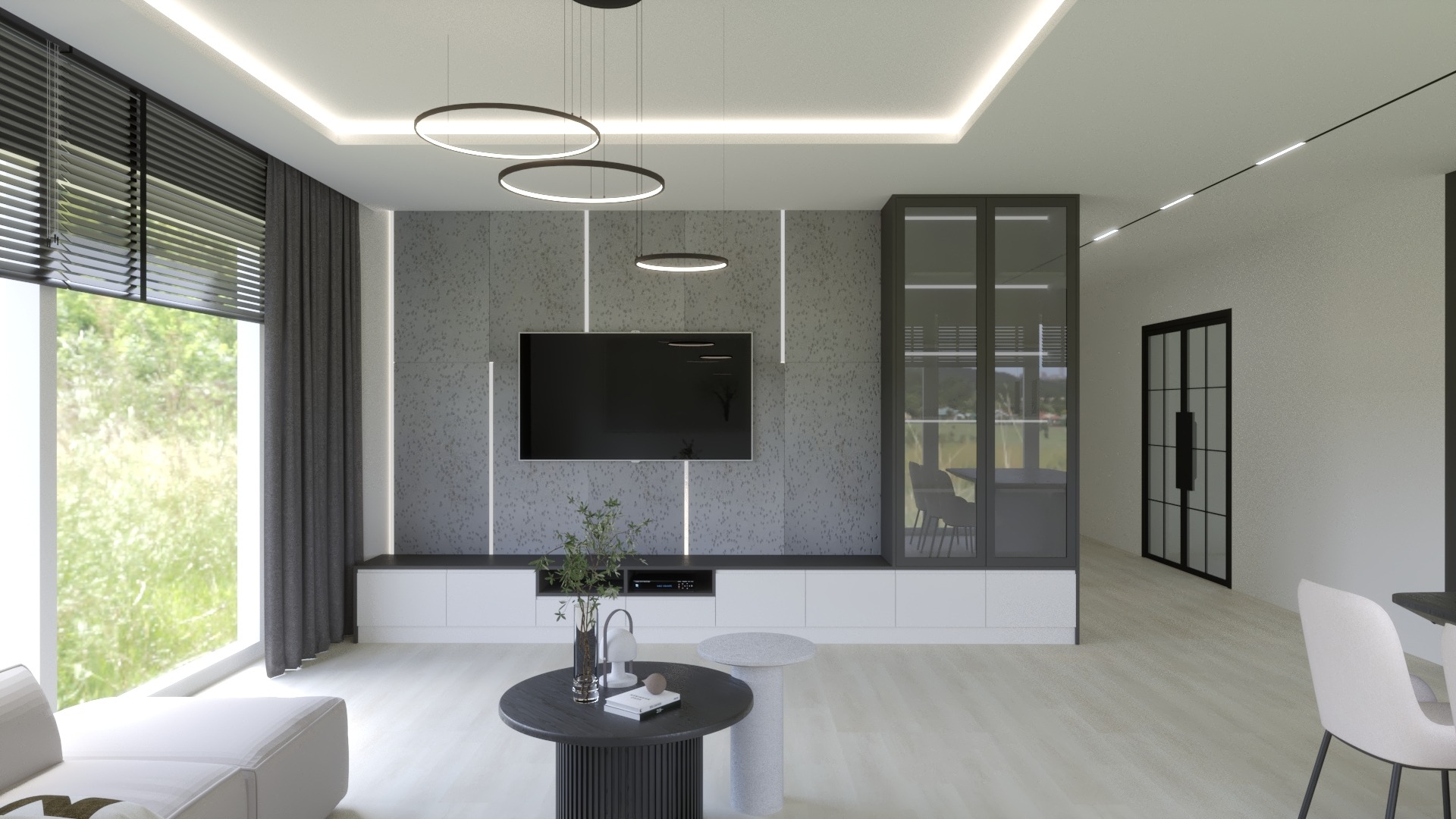 Nowoczesny salon z szarą ścianą telewizyjną, białymi szafkami RTV, okrągłymi lampami sufitowymi i dużym oknem z żaluzjami.