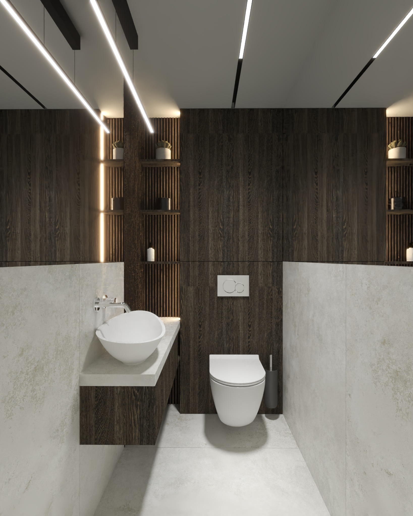 Nowoczesna łazienka z drewnianą ścianą, podwieszaną toaletą i umywalką nablatową. Oświetlenie LED podkreśla minimalistyczny design i ciepłą kolorystykę.