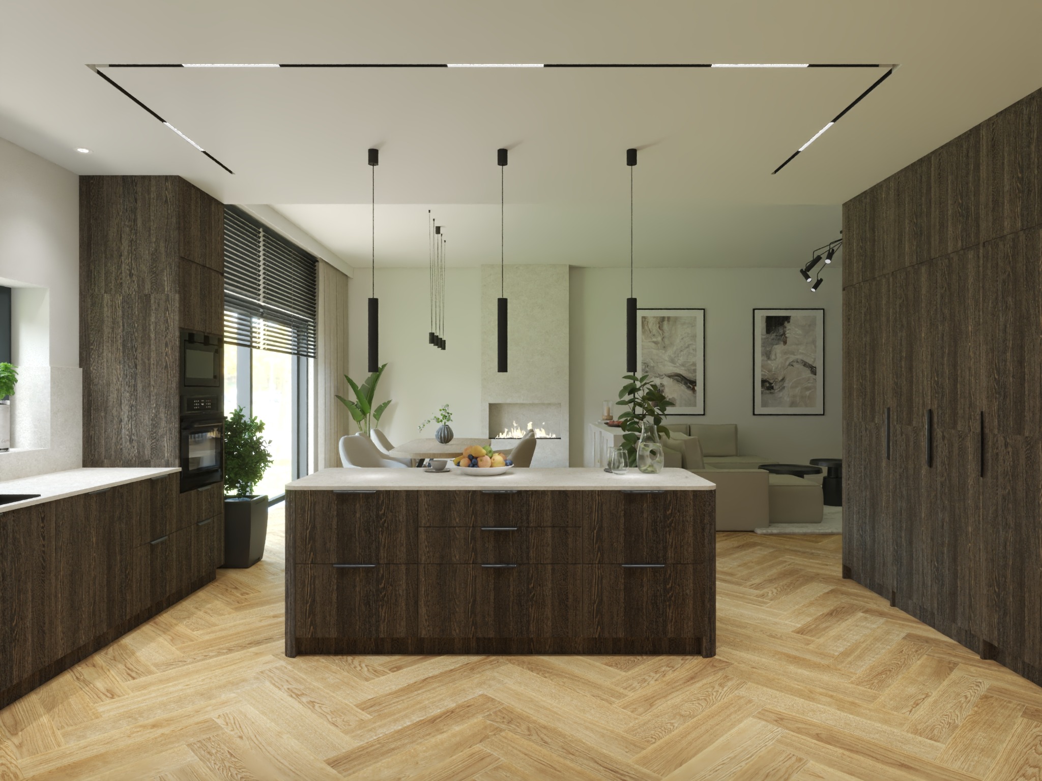 Nowoczesna kuchnia z drewnianymi szafkami i wyspą na parkiecie w jodełkę. Minimalistyczne oświetlenie sufitowe i wiszące lampy nadają wnętrzu elegancji.