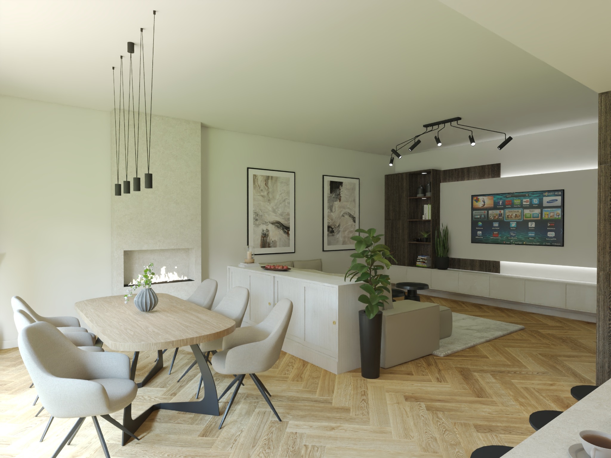 Jasne wnętrze z parkietem w jodełkę: stół z krzesłami, kominek, TV, minimalistyczne oświetlenie. Stonowana kolorystyka, nowoczesny design, roślina doniczkowa.