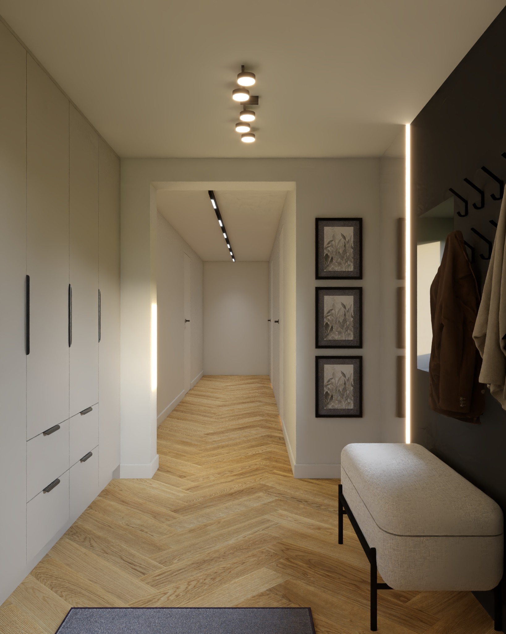 Nowoczesny przedpokój z parkietem w jodełkę, szafą w zabudowie i siedziskiem. Oświetlenie punktowe i dekoracyjne obrazy na ścianie. Minimalistyczny design.