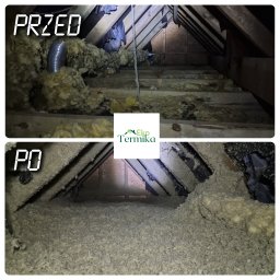 Eko Termika Kamil Jarosz - Poddasze przed i po ociepleniu: widok na krokwie i starą wełnę mineralną przed aplikacją izolacji, a następnie na gęsto wypełnioną przestrzeń po ociepleniu włóknami celulozowymi, z logo firmy Eko...