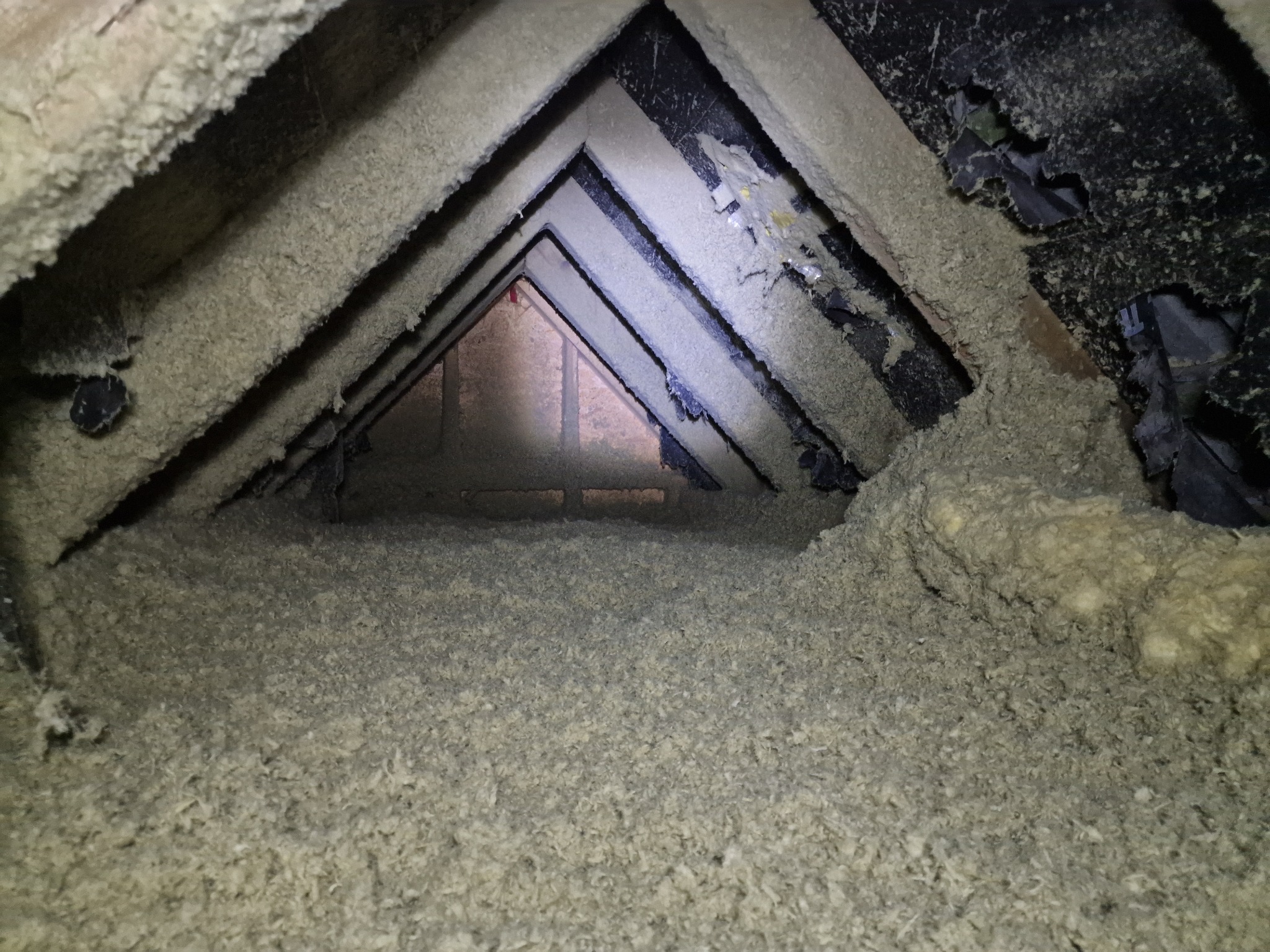 Poddasze z widoczną drewnianą konstrukcją krokwiową, ocieplone szarą wełną mineralną, z fragmentami czarnej folii paroizolacyjnej widocznej w górnej części.