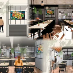 Wizualizacja projektu wnętrza restauracji z różnymi strefami: bar, stoliki dla gości z roślinami i ekranami z menu, oraz zewnętrzna strefa z rodziną i drzewami.