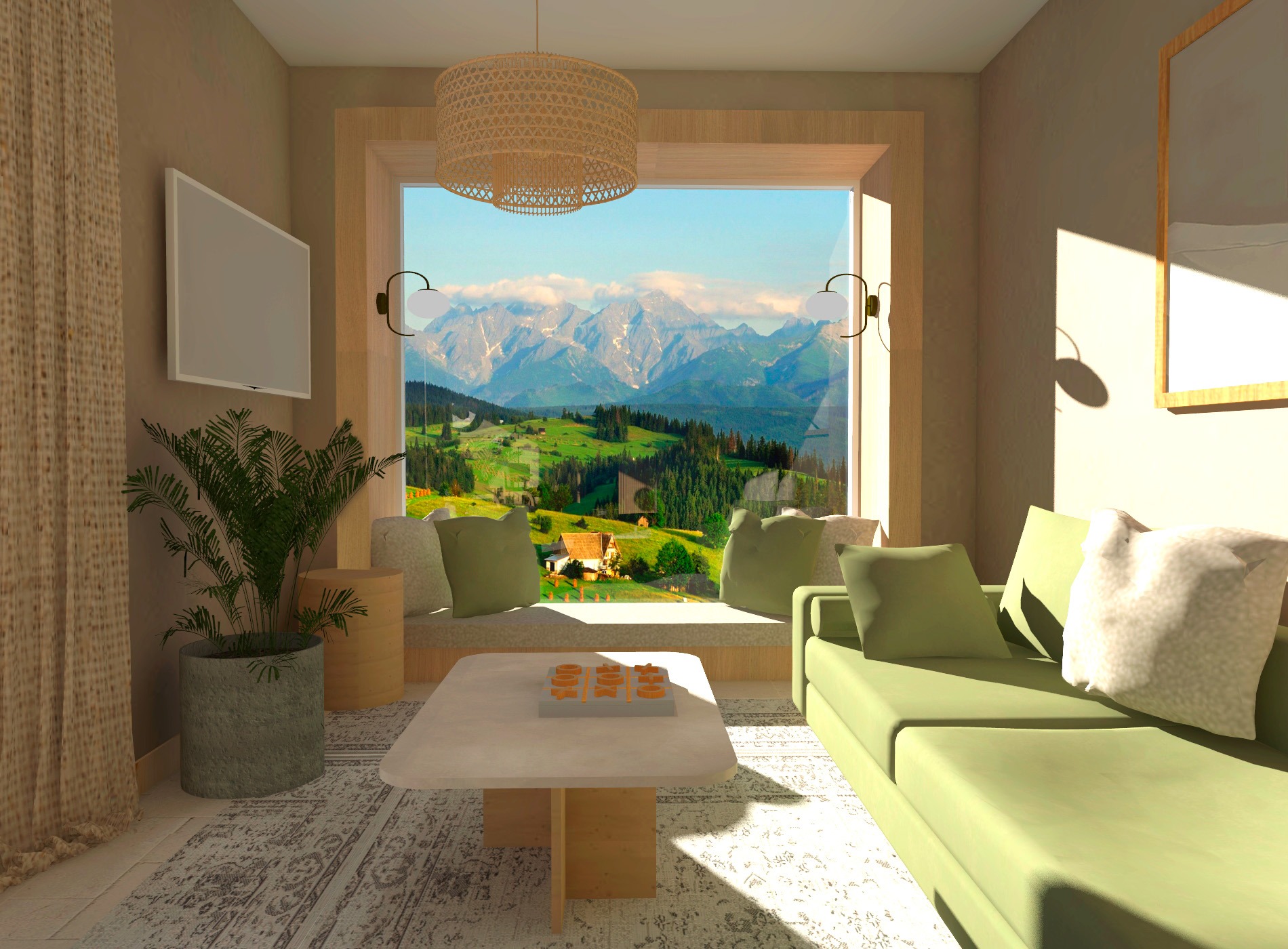 Jasne wnętrze apartamentu z dużym oknem panoramicznym ukazującym górski krajobraz, z zieloną sofą, rośliną w doniczce i rattanowym żyrandolem.