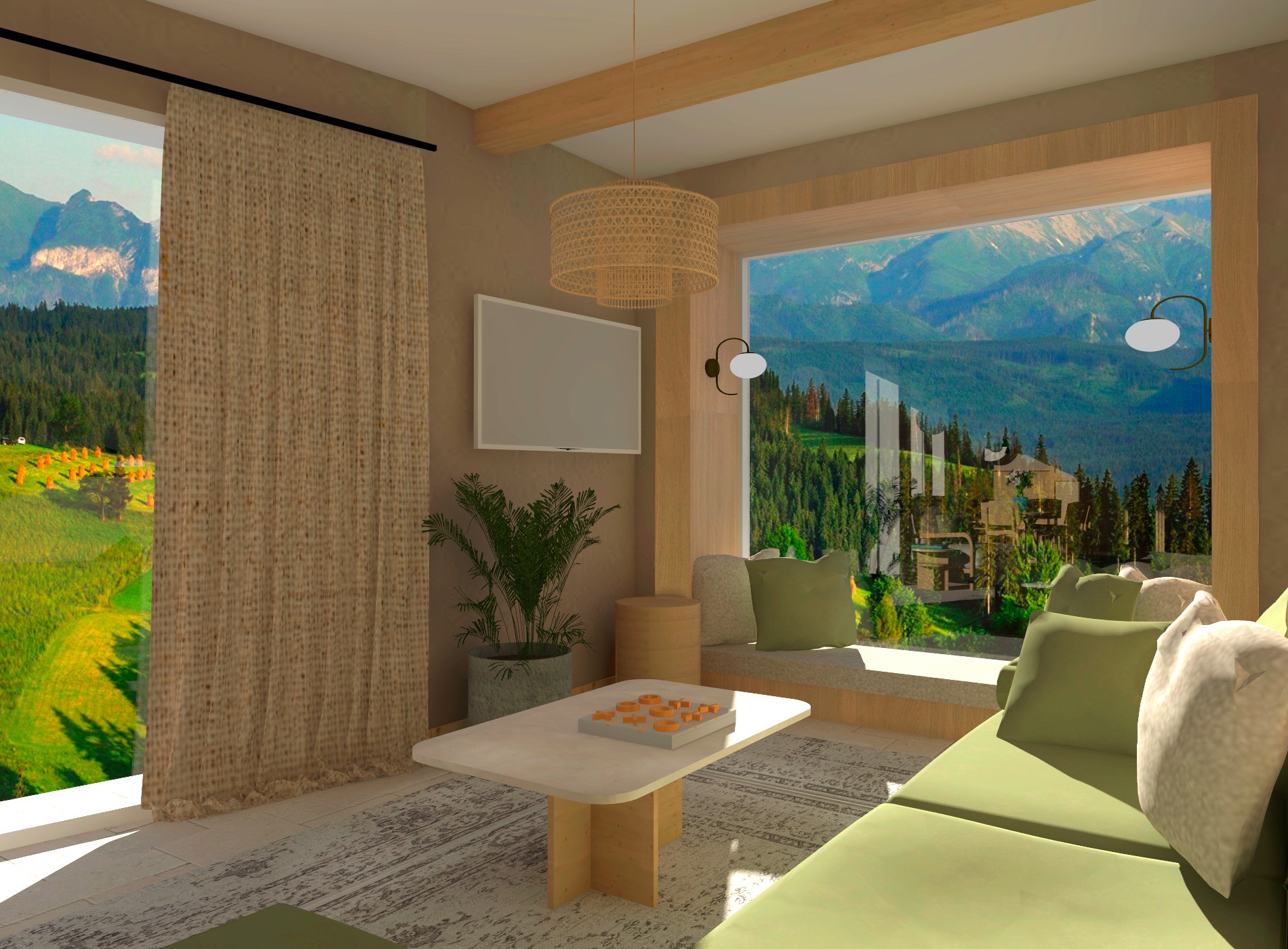 Wizualizacja salonu z dużym oknem na góry, beżowe zasłony, zielona sofa i okrągła lampa z wikliny.