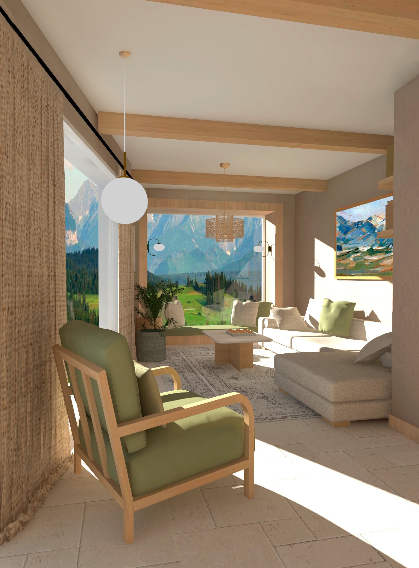 Jasne wnętrze salonu z drewnianymi belkami stropowymi, dużym oknem z widokiem na góry, zielonym fotelem i obrazem górskim na ścianie.