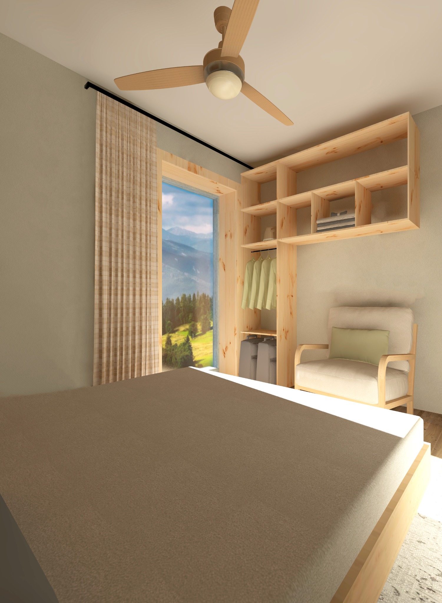 Wizualizacja sypialni z drewnianymi meblami: łóżko, szafa wnękowa z półkami, krzesło z poduszką, zasłony w oknie z widokiem na góry, wentylator sufitowy.