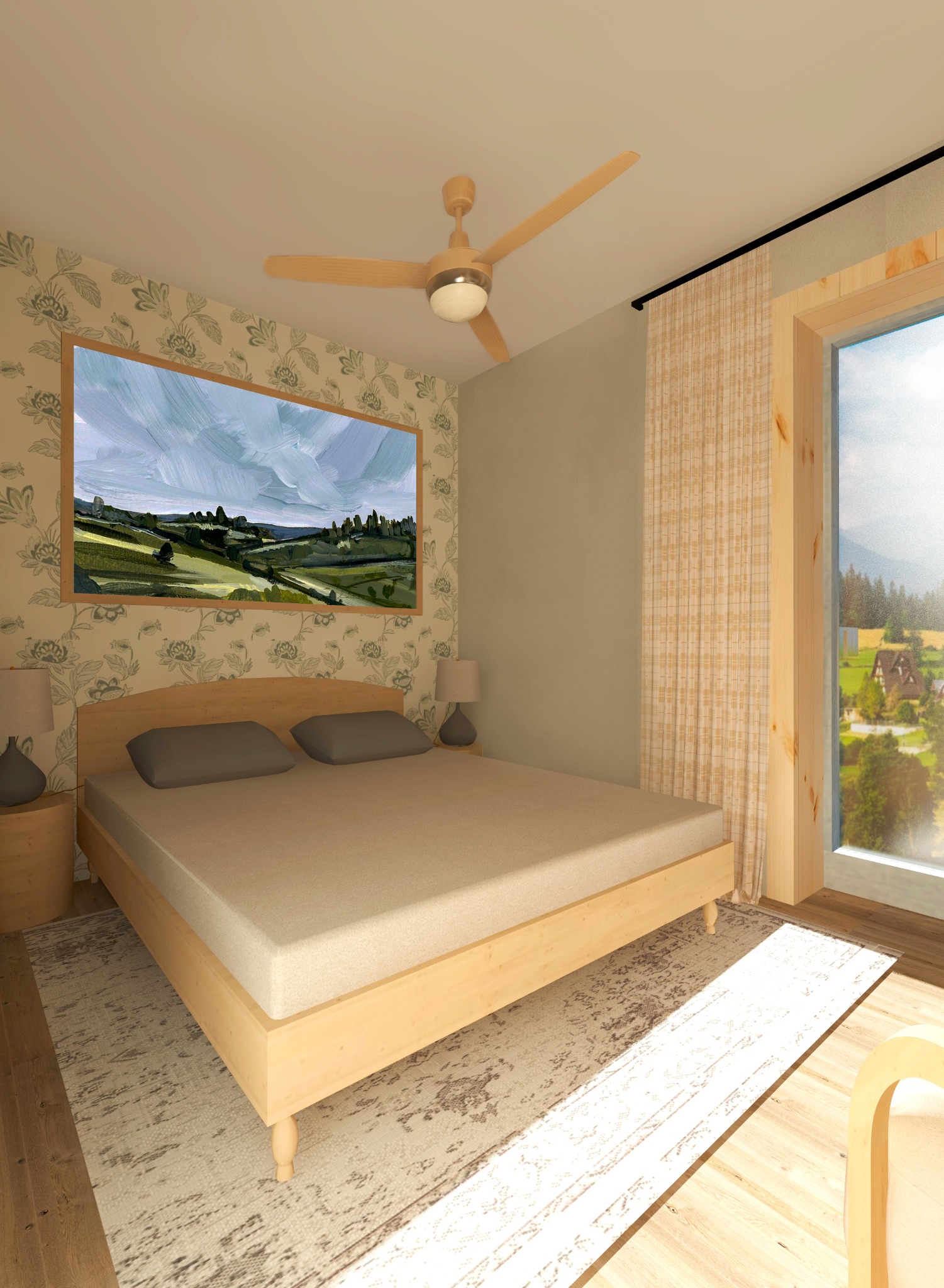 Wizualizacja sypialni z drewnianym łóżkiem, szarą pościelą i obrazem krajobrazu nad wezgłowiem, wentylator sufitowy i okno z widokiem na góry.