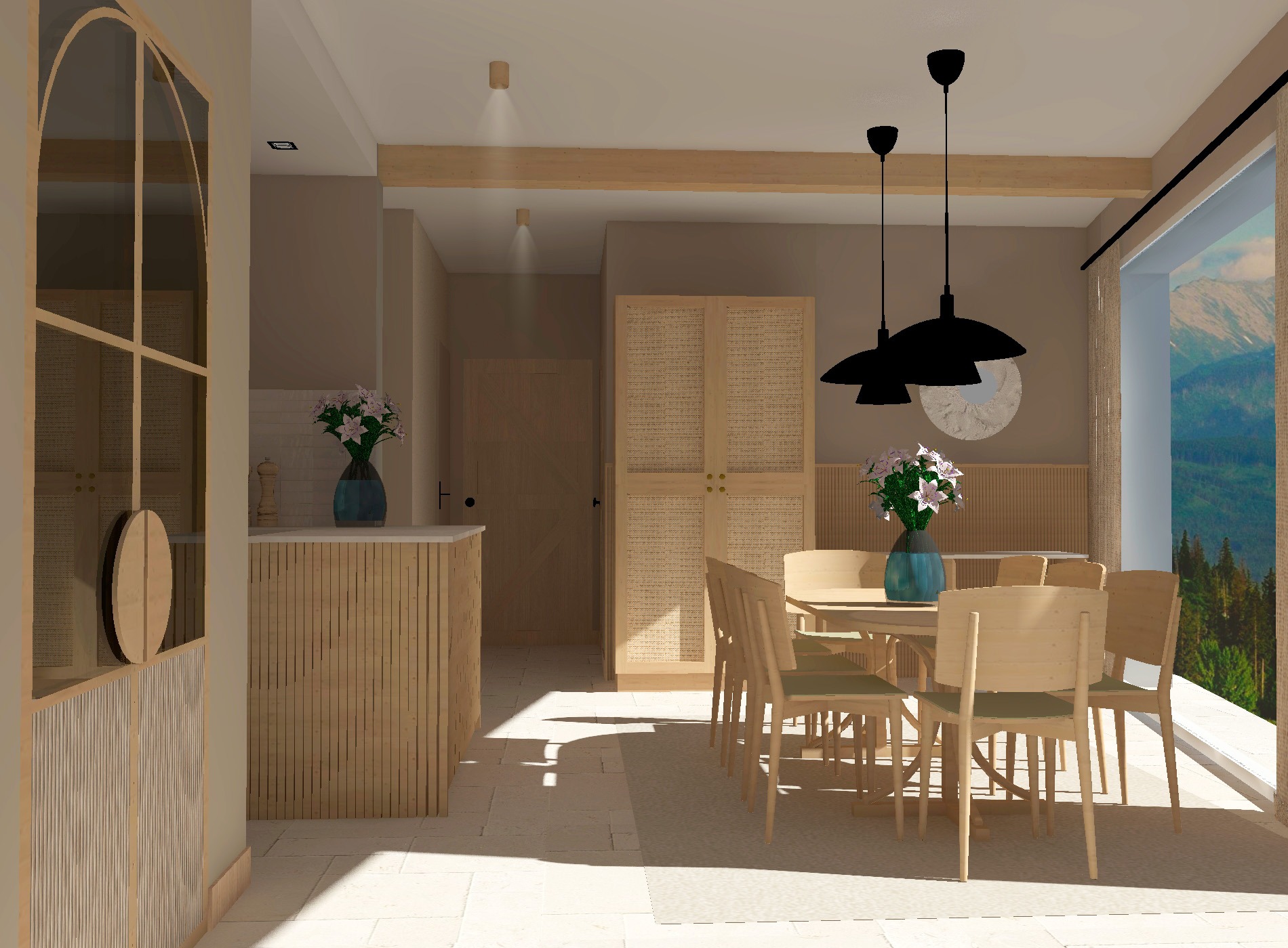 Wizualizacja przestronnego wnętrza jadalni z drewnianymi meblami, wiszącymi lampami i widokiem na góry za oknem.