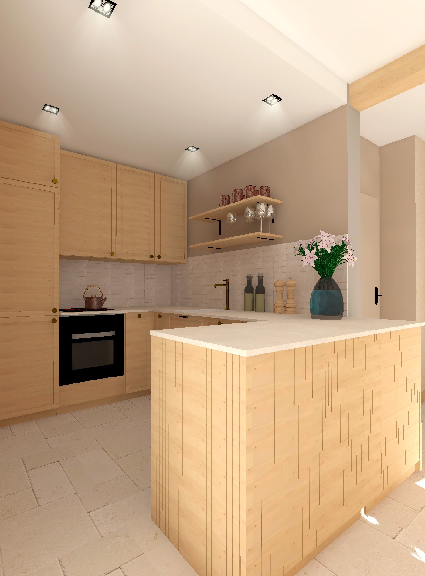 Wizualizacja jasnej kuchni z drewnianymi frontami szafek, wyspą kuchenną z pionowymi panelami i półkami z dekoracyjnymi naczyniami.