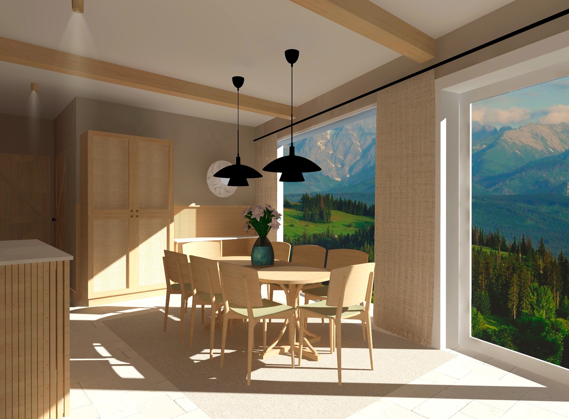 Jasna jadalnia z drewnianym stołem i krzesłami, widok na góry przez duże okno, oświetlenie trzema czarnymi lampami wiszącymi