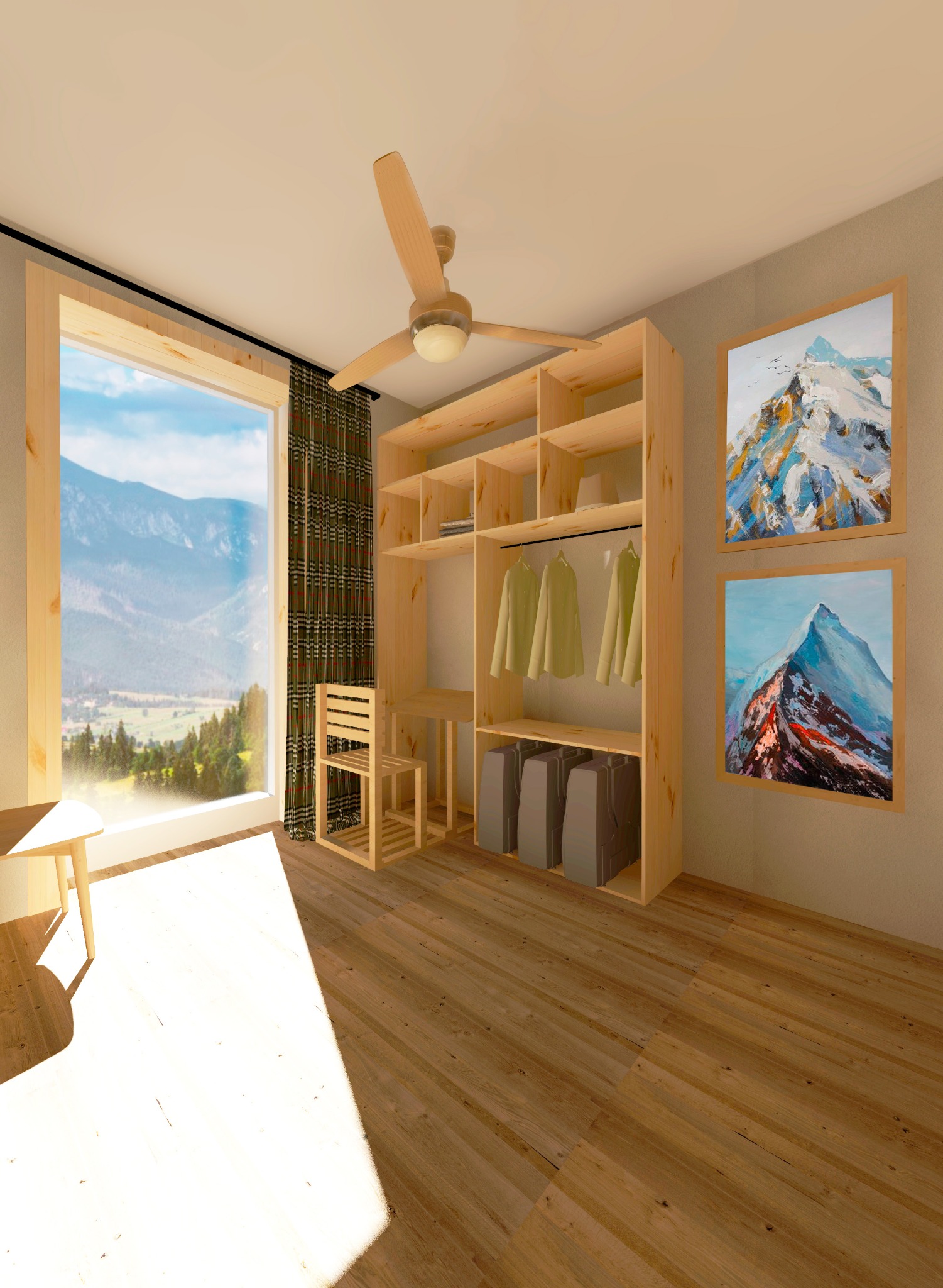 Wizualizacja pokoju z drewnianą garderobą otwartą, krzesłem przy oknie z widokiem na góry, wentylatorem sufitowym i obrazami gór na ścianie.