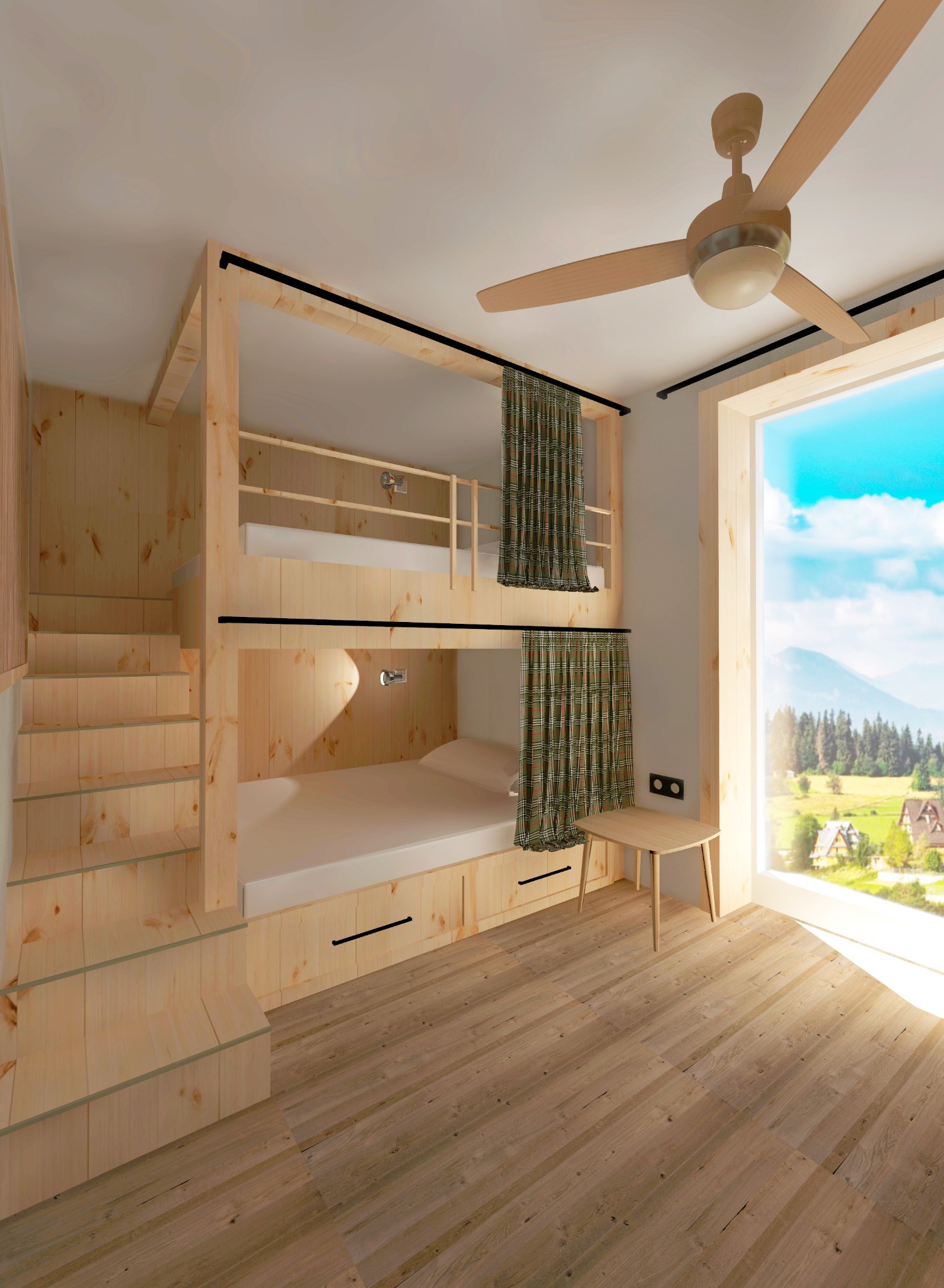 Wizualizacja wnętrza pokoju dziecięcego z drewnianym łóżkiem piętrowym z zasłonami, schodami i widokiem na góry za oknem.