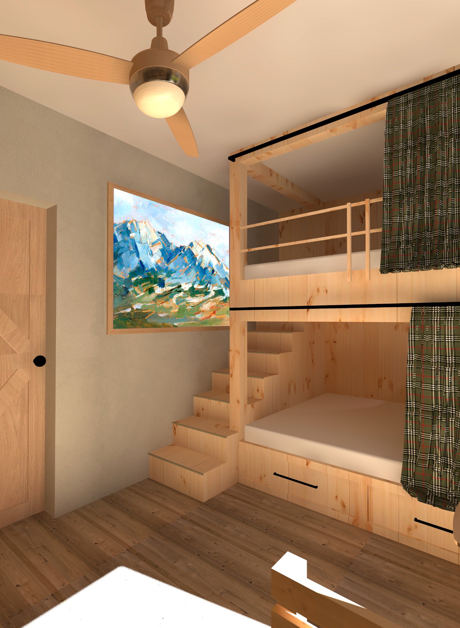 Wizualizacja pokoju dziecięcego z drewnianym łóżkiem piętrowym ze schodkami, zasłoniętym kotarą w kratę, oświetlonym lampą wbudowaną w wentylator sufitowy i ozdobionym obrazem górskim.