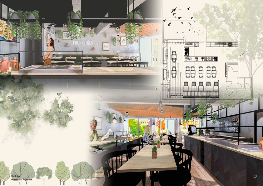 Wizualizacja wnętrza restauracji z elementami roślinnymi, widok z perspektywy klienta oraz rzut techniczny z góry.