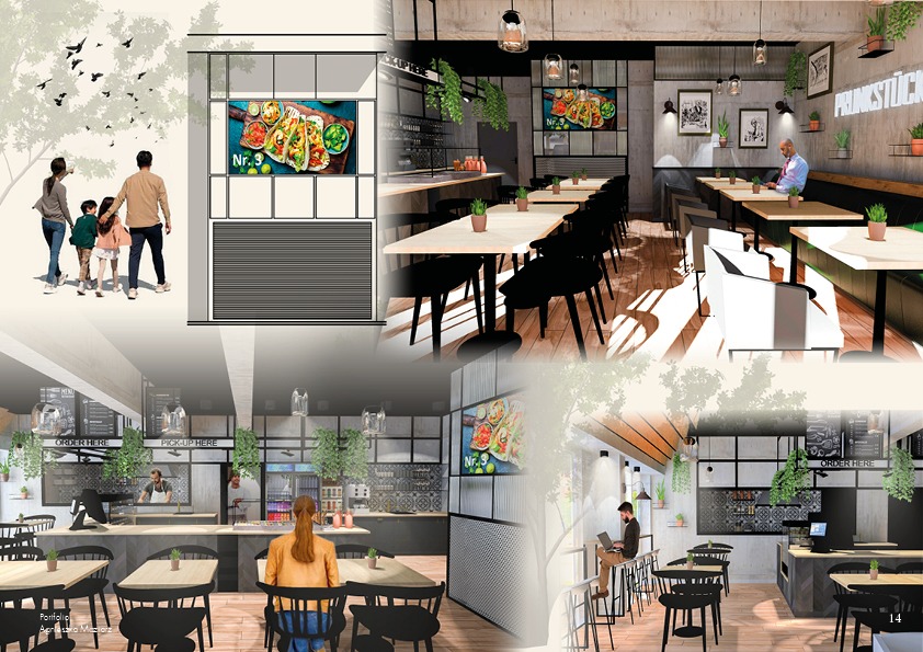 Wizualizacja projektu wnętrza restauracji z różnymi strefami: bar, stoliki dla gości z roślinami i ekranami z menu, oraz zewnętrzna strefa z rodziną i drzewami.