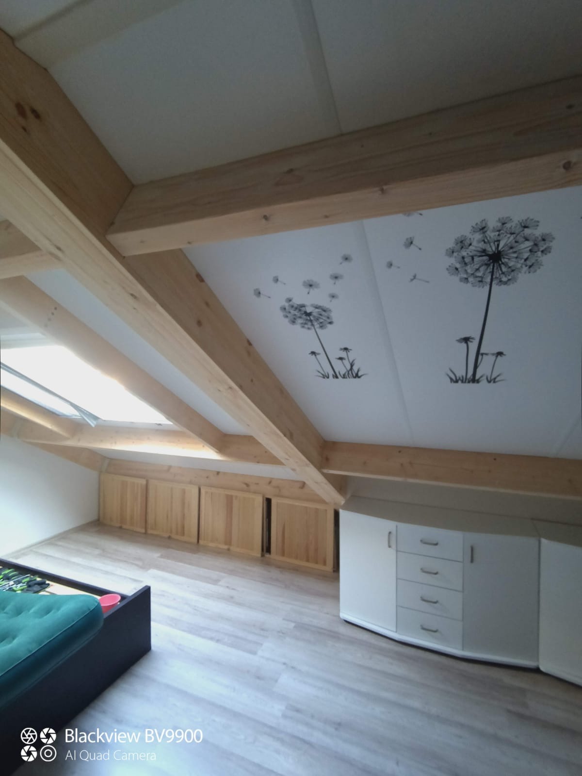 Poddasze z drewnianą konstrukcją, oknem dachowym i zabudowanymi szafkami, sufit ozdobiony motywem dmuchawców, widoczna część materaca.