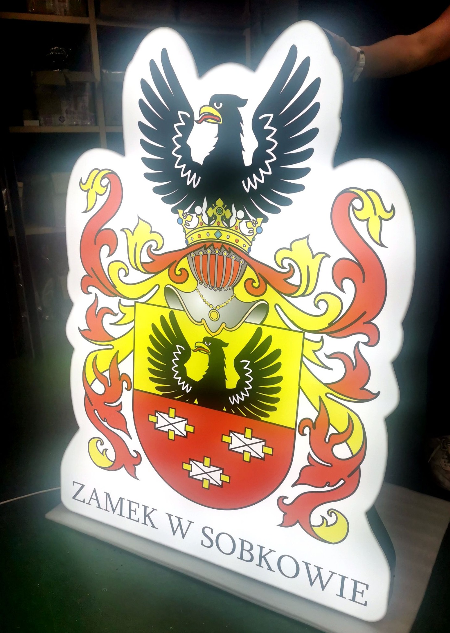 Podświetlany Herb w postaci litery blokowej bez rantu.