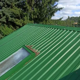 Zielony, blaszany dach z widocznym oknem dachowym, zabezpieczeniem odgromowym i igliwiem na krawędzi okna, na tle drzew i częściowo zachmurzonego nieba.