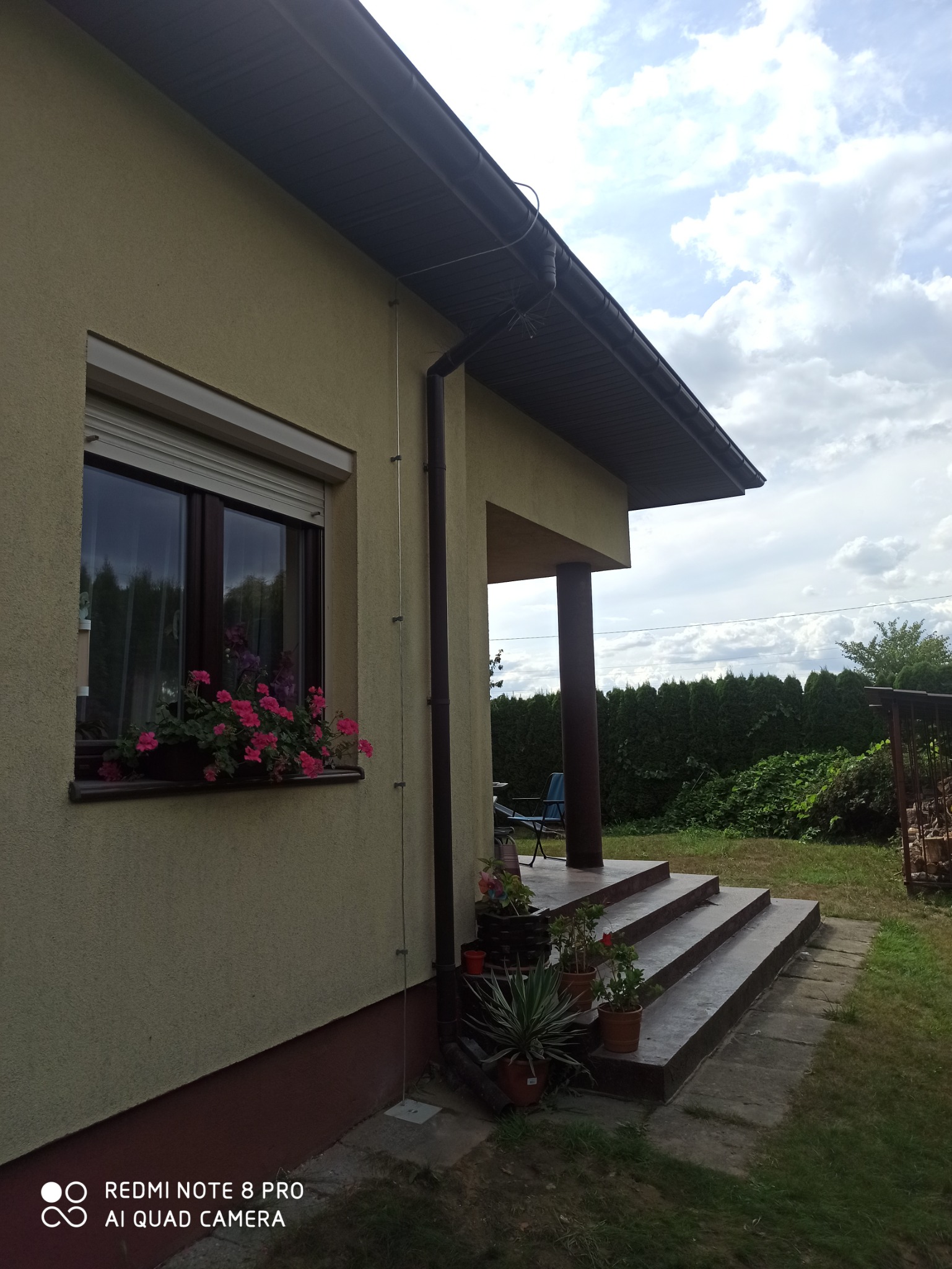 Zewnętrzna ściana domu z oknem ozdobionym różowymi kwiatami w skrzynce, brązowa rynna i pionowy przewód na elewacji, widoczne schody wejściowe z doniczkami i fragment ogrodu z tujami.