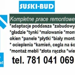 Logo firmy remontowej Suski-Bud z ofertą adaptacji poddasza, gładzi, malowania, montażu drzwi i okien, ocieplenia i innych prac remontowych oraz numerem telefonu.
